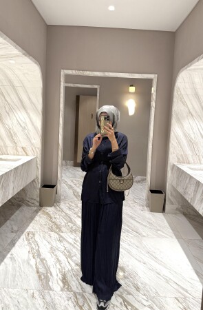 Pileli Premium İpek Takım - Lacivert - Duendeca