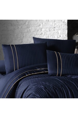 Pinstripe Blue Çift Kişilik Deluxe Saten Pamuk Nevresim Takımı 10073 - 3