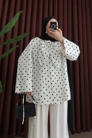 Pinterest Kemerli Puantiye Gömlek Beyaz - Nuuwears