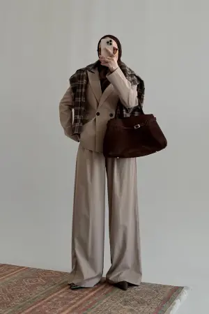 Pinterest Oturtmalı Premium Ceket Takım Bej - Nuuwears