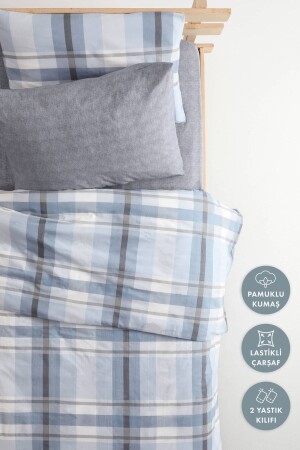 Plaid-Baumwoll-Einzelbettbezug-Set mit elastischen Laken – Blau F1625 - 2