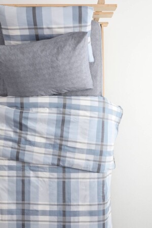 Plaid-Baumwoll-Einzelbettbezug-Set mit elastischen Laken – Blau F1625 - 6