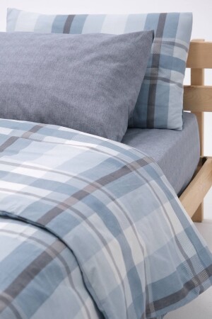 Plaid-Baumwoll-Einzelbettbezug-Set mit elastischen Laken – Blau F1625 - 7