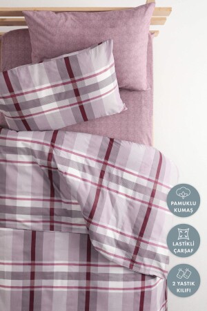 Plaid-Baumwoll-Einzelbettbezug-Set mit elastischen Laken – Lila F1625 - 3