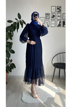 Plissiertes marineblaues Hijab-Kleid - 4