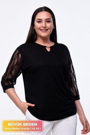 Plus Size Abendkleid der neuen Saison mit Spitzenärmeln, kurzärmelig, 4-Jahreszeiten-Tüll, detaillierte Mutter-elegante Bluse - 1