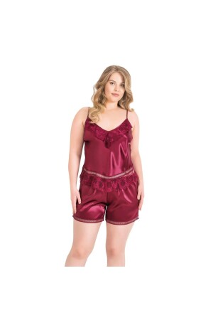 Plus-Size-Babydoll-Shorts-Set aus bordeauxrotem Satin - 1