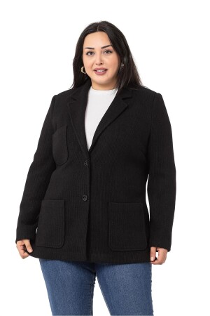 Plus-Size-Blazer mit Tasche, gestrickt, gefüttert, schwarze Jacke - 1