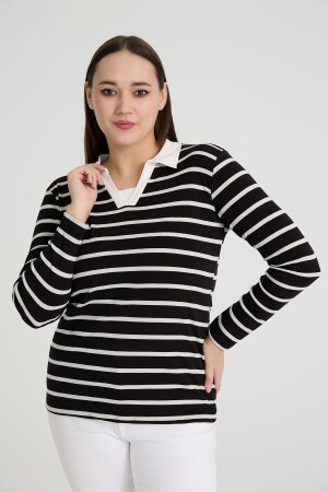 Plus-Size-Bluse aus Baumwoll-Lycra mit V-Ausschnitt in Schwarz und Weiß - 1