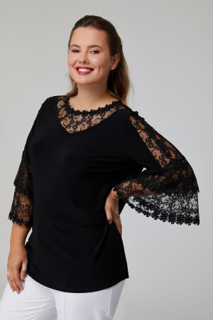 Plus-Size-Bluse mit Spitzen- und Blumenmotiv-Detail - 1