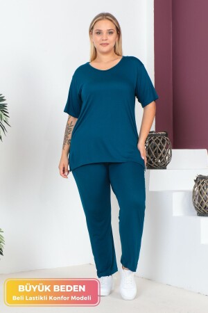 Plus Size Comfort Model 2-teiliges Set mit elastischem Bund, Hose, Tunika, T-Shirt, doppeltes Oberteil-Unterteil-Set - 1