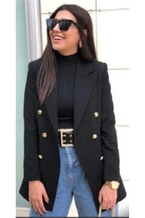 Plus Size (Größe 52) Lange schwarze Blazerjacke mit goldenen Knöpfen - 2