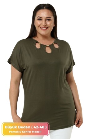 Plus-Size-Komfortmodell, stilvoller Kragen, detaillierte Baumwollkurve, kurzärmeliges Sommerabendkleid, Tunika-T-Shirt - 1