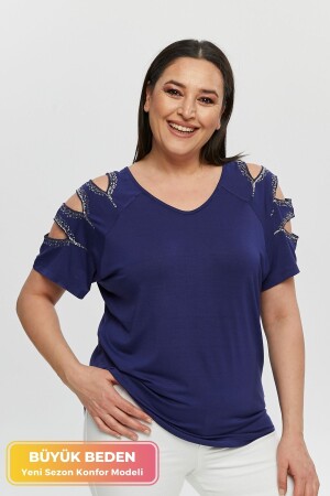 Plus Size Neue Saison Ärmel Pailletten Komfort Modell Kurzarm V-Ausschnitt Stilvolles Tunika-T-Shirt aus gekämmter Baumwolle - 1