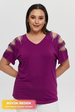 Plus Size Neue Saison Ärmel Pailletten Komfort Modell Kurzarm V-Ausschnitt Stilvolles Tunika-T-Shirt aus gekämmter Baumwolle - 1