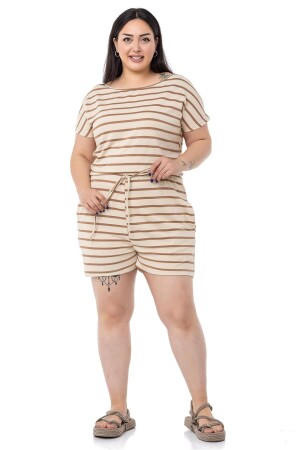 Plus Size Overall mit niedrigen Ärmeln, elastischer Taille und Tasche, nerzfarbene, gestreifte Shorts - 1