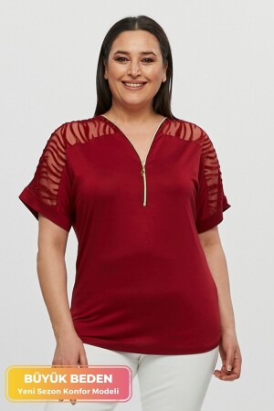 Plus-Size-Tunika-T-Shirt der neuen Saison mit Ärmeln, transparentem Reißverschluss und Komfortmodell, kurzärmlig aus gekämmter Baumwolle - 1