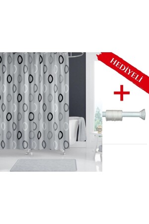 Polyester Kumaş Geometrik Desen Gri Banyo Perdesi Askı Aparatı Hediyeli C-halkalı Duş Perdesi - 2