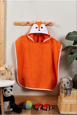 Poncho für Kinder, Bademantel, Strandtuch mit Kapuze (Alter 3–8), Innen-Außenfläche aus 100 % Baumwolle, Fuchs-Orange-Tier - 1