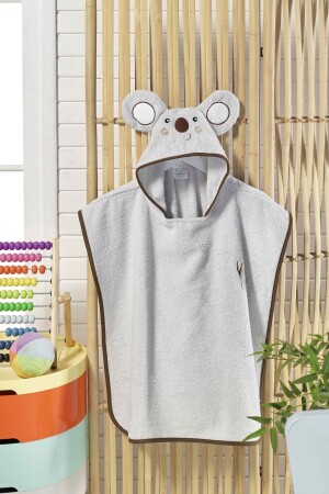 Poncho für Kinder, Bademantel, Strandtuch mit Kapuze (Alter 3–8), Innen-Außenfläche aus 100 % Baumwolle, Koala-Grau-Tier - 2