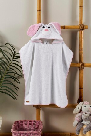 Poncho Kinderbademantel Strandtuch mit Kapuze (Alter 3-7) Innen-Außenfläche 100 % Baumwolle Rosa Weißer Hund Tier TRELYPNCX10 - 1