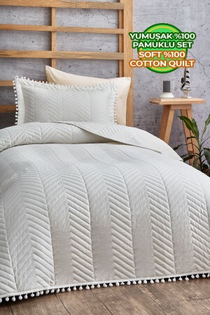 Ponponlu %100 Pamuk Tek Kişilik Günlük Yatak Örtüsü ( Pike ) Takımı Seti Krem - Kırık Beyaz Q-AKC-00802 - Evlen Home Collection
