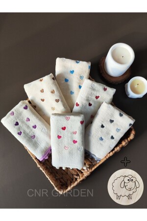 Ponponlu 6'lı Nakışlı Kalpli Havlu Seti Mutfak Havlusu Ahşap Altlıklı - Genel Markalar