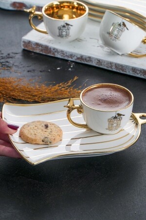 Porcelain Story Set aus 6 Weißgold-Kaffeetassen mit Vogelkäfig-Muster, Leckerli-Teller 12090 - 2