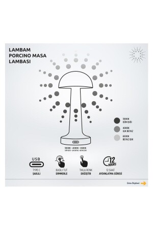 Porcıno Dokunmatik 3 Renkli Dimli Şarjlı Mantar Masa Lambası TYCGR4ONON168854876531203 - 10