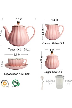 Porselen Çay Set: 225 ml Bardak ve Tabaklar- Çaydanlık- Şekerlik- Süt Sürahisi - 6