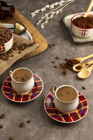 Porselen Fincan Seti - 2'li - Ekose Desen FS-01 - Benante