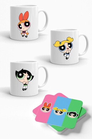 Powerpuff Girls Baskılı 3'lü Porselen Kupa Ve 3'lü Bardak Altlığı Seti KP00083 - 1