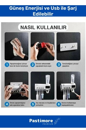 Pratik Usb Şarjlı Ve Güneş Enerjili Otomatik Diş Macunu Sıkacağı 4 Adet Diş Fırçalığı Tutucu Demonte Kolay Kurulum Sterilizatö Set - 3