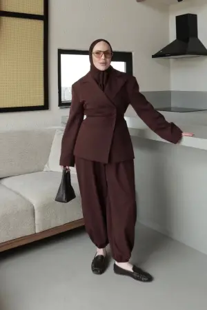 Premium Drape Bel Oturtmalı Ceket Takım Acı Kahve - Nuuwears