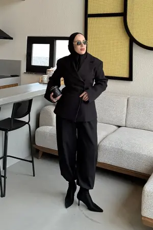 Premium Drape Bel Oturtmalı Ceket Takım Siyah - Nuuwears