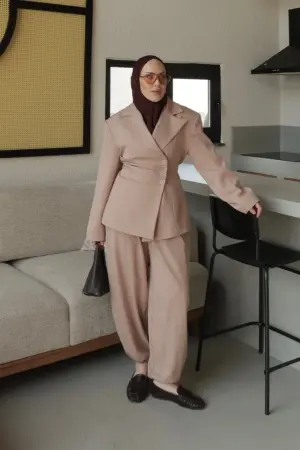 Premium Drape Bel Oturtmalı Ceket Takım Sütlü Kahve - Nuuwears