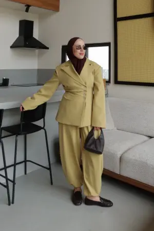 Premium Drape Bel Oturtmalı Ceket Takım Yağ Yeşili - Nuuwears