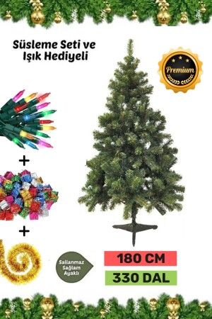 Premium Kutu Süsleme Seti Yılbaşı Çam Ağacı Renkli Işığı Yeni Yıl Süsleri Noel Paketi 180 Cm 330 Dal - 1