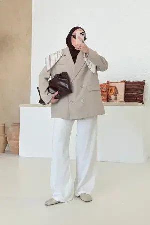 Premium Oversize Blazer Ceket Bej - Nuuwears