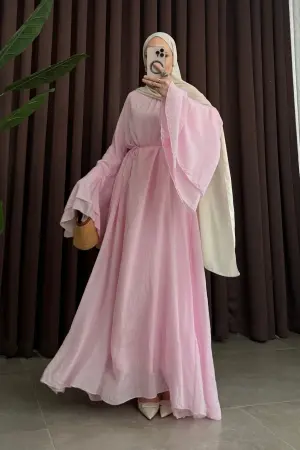 Premium Pamuk Vual Volanlı Elbise Pembe - Nuuwears