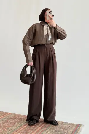 Premium Seri Dökümlü Palazzo Pantolon Kahve - Nuuwears