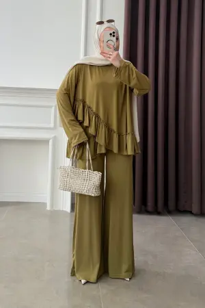 Premium Seri Oysh. Fırfırlı Takım Olive - Nuuwears