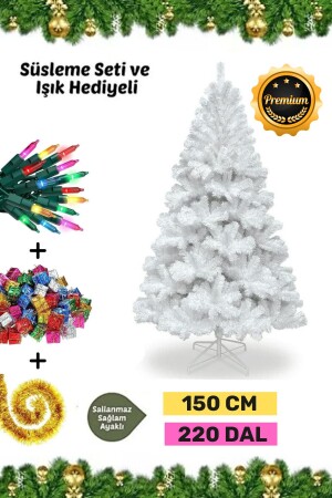 Premium Süsleme Set Yılbaşı Beyaz Çam Ağacı Renkli Işığı Yeni Yıl Süsleri Noel Paketi 150 Cm 220 Dal - 1