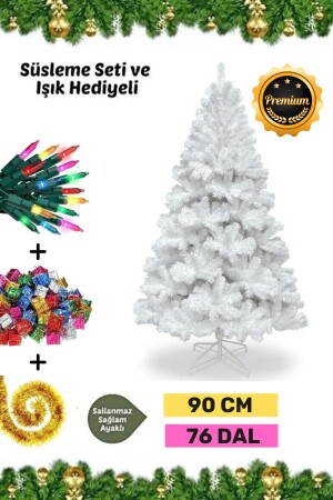 Premium Süsleme Seti Yılbaşı Beyaz Çam Ağacı Renkli Işığı Yeni Yıl Süsleri Noel Paketi 90 Cm 76 Dal - 1