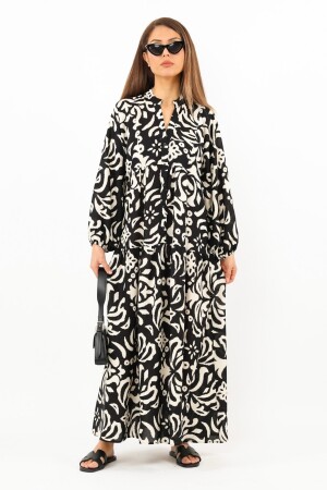 Prive Kadın Showy Siyah Krem Maksi Boy Önden Düğmeli Katlı Yazlık Uzun Elbise - Ritnice