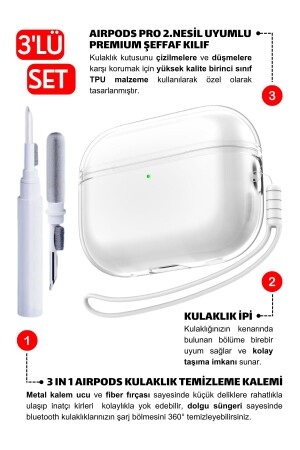 Pro 2.Nesil Uyumlu Şeffaf Premium Kulaklık Kılıfı- Kulaklık İpi ve 3'ü 1 Arada Temizleme Kalemi Seti - 2