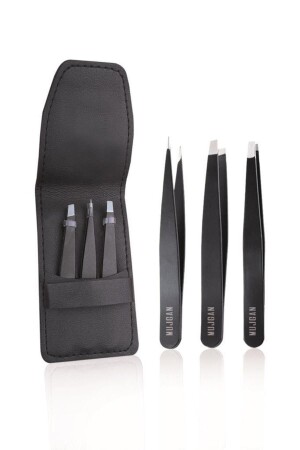 Professionelles Set aus 3 Pinzetten mit schwarzer Ledertasche - 2