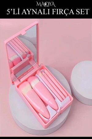 Profesyonel Taşınabilir Pembe Aynalı 5'li Makyaj Fırça Seti Fondöten -Pudra - Göz Farı ve Karıştırma - Maqya Cosmetics