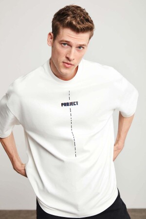 Project Erkek Oversize Fit Kalın Dokulu Kumaşlı Beyaz T-shirt - 1