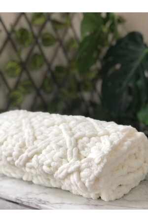 Puffy handgestrickte Kamin- und TV-Decke mit Rautenmuster, Weiß, 90 x 165 cm, TYC00739994599 - Missworble